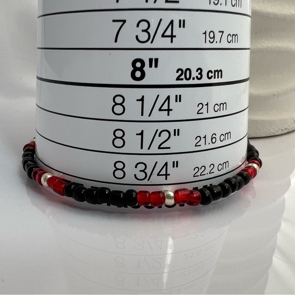 STRETCH Beaded Anklet Black Red & Silver Size 9” - Picture 7 of 13